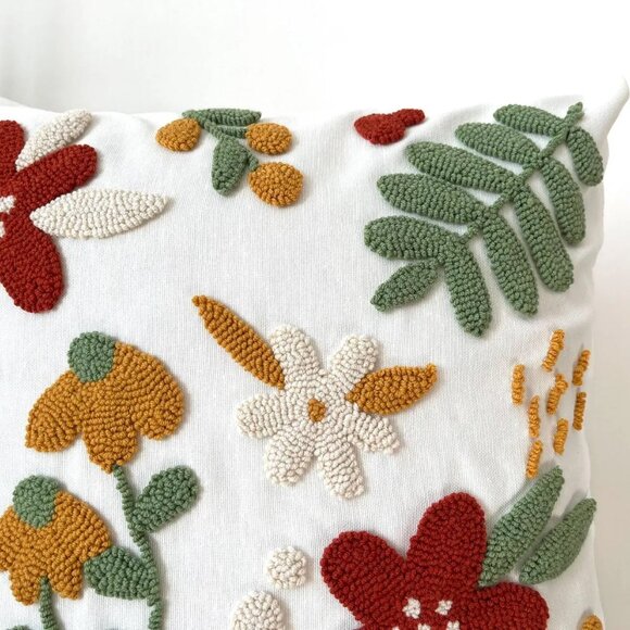 Handmade Punch Needle Pillow Cover: Tufted Floral Embroidered Cushion (16"x16") - Picture 3 of 4